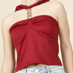 Shein Party Halter Neck Fitted Short Top With Gold Chain Detail-image-5