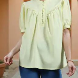 Shein Band Collar Front Buttons Puff Sleeves Loose Fit Top-image-88