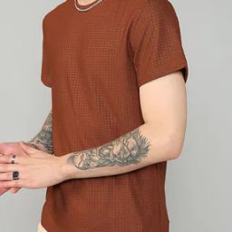 Shein Street Short Sleeves Textured Coffee Crew Tshirt-image-97