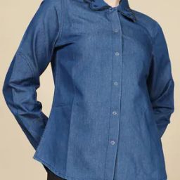 Shein Embroidered Collar Full Sleeves Fitted Denim Shirt-image-1