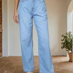 Shein Full Length Embroidered Mid Wash Wide Leg Jeans-image-54