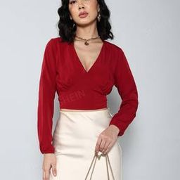 Shein Deep V Neck Peasant Sleeves Top with Back Tie-Knot-image-92