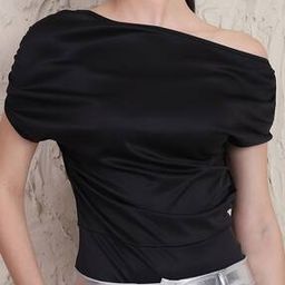 Shein Asymmetrical Neck Extended Sleeve Ruched Bodysuit-image-84