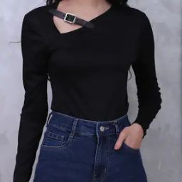 Shein Asymmetrical Neck Buckle Strap Full Sleeve Bodysuit-image-83