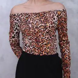 Shein Off Shoulder Full Sleeve Animal Print Bodysuit-image-91