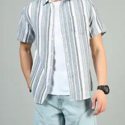 Shein Spread Collar Striped Shirt With Chest Pocket-image-92