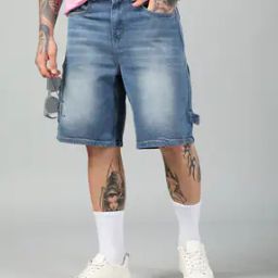 Shein Knee Length Carpenter Style Panelled Denim Shorts-image-24