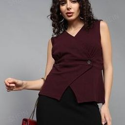 Shein Elegant Maroon Wrap V-Neck Sleeveless Top-image-59