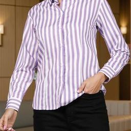Shein Spread Collar Cuffed Sleeves Striped Fitted Shirt-image-33