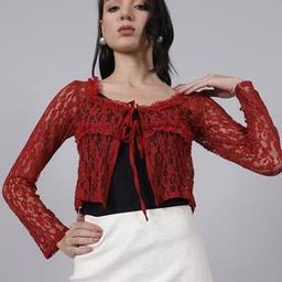 Shein Crop Length Front Tie-Up Ruffled Lace Shrug-18