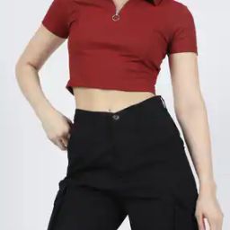 Shein Short Sleeves Ribbed Polo Fitted Crop Top with Zip-image-30