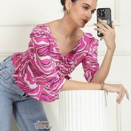 Shein Elegant Elbow-Length Puff Sleeves Front Tie-Up & Smocked Back Tunic-image-3