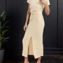 Shein Extended Sleeve Front Twisted Knot Ribbed Split Thigh Dress-image-17