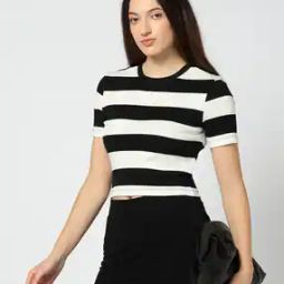 Women Regular Fit Striped Crew-Neck Crop T-Shirt-image-60