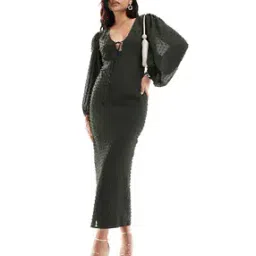 Balloon Sleeve Dobby Midi Dress-image-27