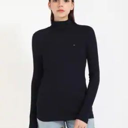 Women Slim Fit Turtleneck T-Shirt with Logo Print-image-31