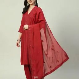 Women Embroidered Straight Kurta with Pants & Dupatta-image-59