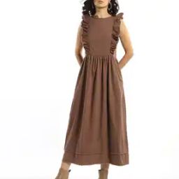 High-Neck Twill Midi Dress with Frill Shoulder-image-5