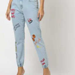 Women Mid-Wash High-Rise Jogger Jeans with Placement Prints-picture-0