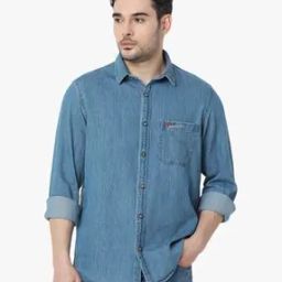 Men Washed Slim Fit Denim Shirt with Patch Pocket-image-36