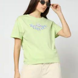 Women Typographic Print Regular Fit Crew-Neck T-Shirt-image-3