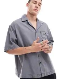 Men Boxy Oversized Revere Cropped Denim Shirt-image-14