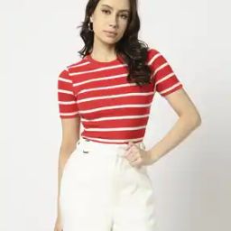 Women Striped Slim Fit Crew-Neck T-Shirt-image-57