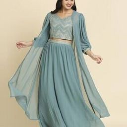 Crushed Fabric Embroidered Skirt & Suit Set-image-82