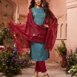 Women Embroidered Straight Kurta Set with Dupatta-34