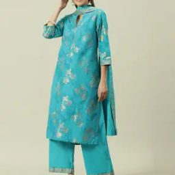 Women Floral Print Straight Kurta with Palazzos & Dupatta-image-36