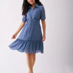 Women Chevron Pattern Tiered Dress with Tie-Up-image-31
