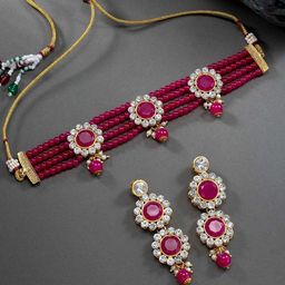 Peora Magenta Pink & White Stone & Beaded Gold Plated Choker Necklace Set-56