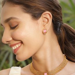 Rubans 22K Gold-Plated Pastel Pink Sapphire Studded Choker Necklace Set with Gold Beads-22