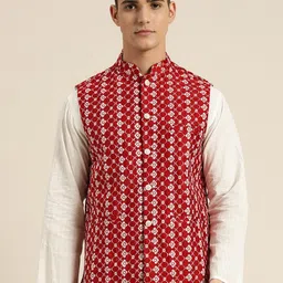 SOJANYA Men Maroon & White Ethnic Motifs Embroidered Nehru Jacket-13
