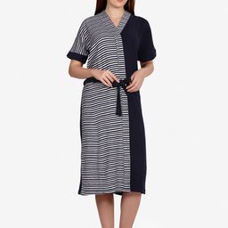 Sand Dune Women Navy Blue Striped Pure Terry Cotton Bath Robe-image-84