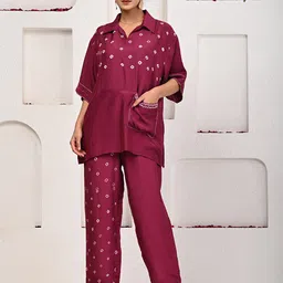 ARAVALII Printed Shirt Collar Top With Trousers-picture-31