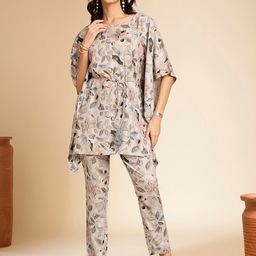 Anouk Beige Floral Printed Boat Neck Top With Trouser-image-97