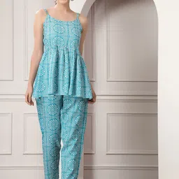 Stylum Turquoise Blue Printed Shoulder Straps Top With Trouser-8
