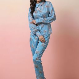 Sangria Floral Printed Chinnon Shirt With Trousers Co-Ords-picture-26