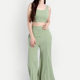 Broadstar Women Olive Green Solid Crop Top & Trousers-12