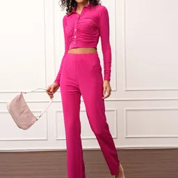 Tokyo Talkies Pink Long Sleeves Crop Shirt With Trousers-picture-35