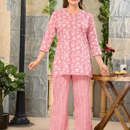 NIGHT FLOSS Printed Round Neck Three-Quarter Sleeves Pure Cotton Top With Palazzo-picture-17