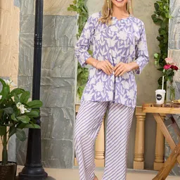 NIGHT FLOSS Printed Round Neck Three-Quarter Sleeves Pure Cotton Top With Palazzo-picture-19
