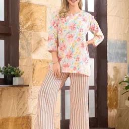 NIGHT FLOSS Printed Round Neck Three-Quarter Sleeves Pure Cotton Top With Palazzo-image-21