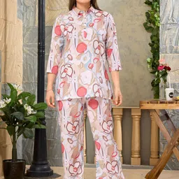 NIGHT FLOSS Printed Shirt Collar Three-Quarter Sleeves Pure Cotton Top With Palazzo-image-45