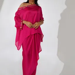 indy Raaga Asymmetric Neck Embellishment Top With Draped Skirt-54
