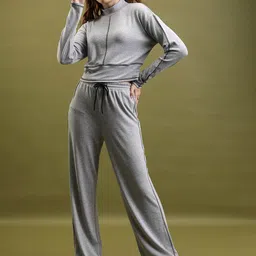 Tokyo Talkies Grey Melange High Neck Sweatshirt With Trousers-picture-38