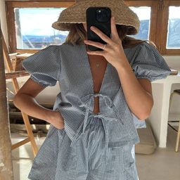 LULU & SKY Checked V-Neck Top With Shorts-image-90