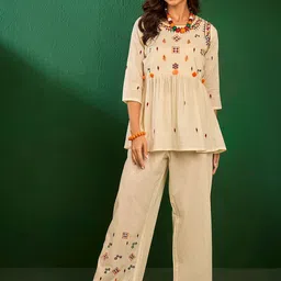 Sangria Embroidered Pure Cotton Top With Palazzos Co-Ords-42