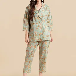 KALINI Floral Printed Pure Cotton Top &Trousers With Jacket-picture-15